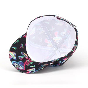 Detail view of colorful mushroom print baseball cap with breathable mesh lining