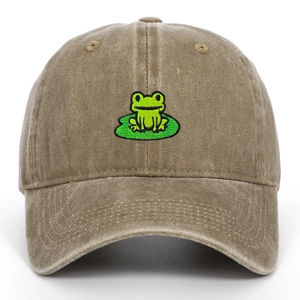 Khaki washed cotton baseball cap with lotus leaf and frog embroidery in a frontal view