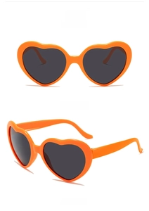 Front and side views of vibrant orange heart-shaped sunglasses with dark gray lenses