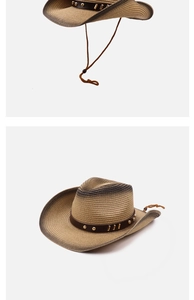 Detail of vintage cowboy straw hat with leather band, gold studs and adjustable chin strap