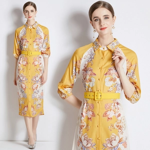 Yellow Floral Print Button Down Shirt Dress Polyester Three Quarter Sleeve Elegant Midi Dress With Belt