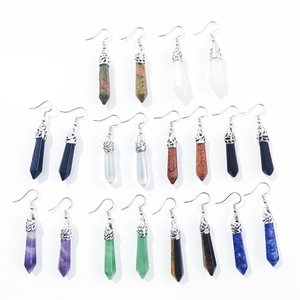 Multiple hexagonal crystal pillar drop earrings in various natural stones with silver hooks