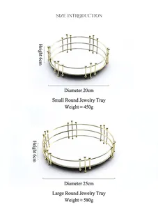 Size chart for gold mirror trays showing diameters of 20cm and 25cm with dimensions