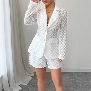 Close-up of white hollow lace blazer set featuring honeycomb texture and tailored shorts