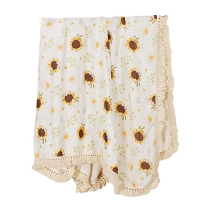 Floral sunflower print baby cotton muslin blanket with elegant fringe tassel edges