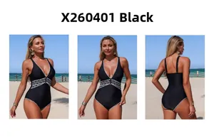 Three-view detail of black one-piece swimsuit with white wavy embroidery and deep V-neck