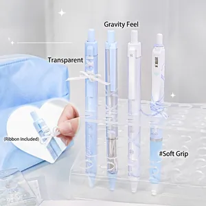 Blue and white ballet ribbon gel pen set with ergonomic grips in a transparent pen holder