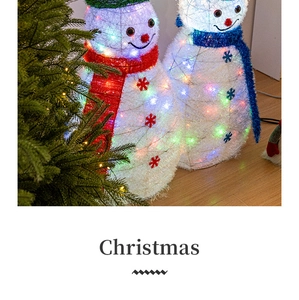Macro detail of glowing LED snowman Christmas decoration with festive knit texture