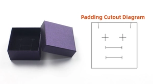 Detail view of purple jewelry gift box with black velvet lining and inner pad slot diagram