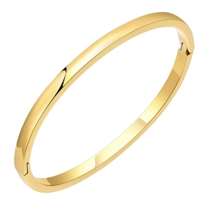 Gold stainless steel hinged bangle with a polished mirror finish for women