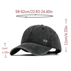 Detailed size guide of RK embroidered washed cotton baseball cap showing 58-62cm head circumference