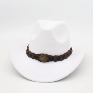 White felt Western cowboy hat with dark brown woven band and antique star emblem detail