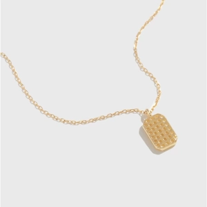 14K gold plated S925 silver necklace with a rectangular honeycomb textured pendant