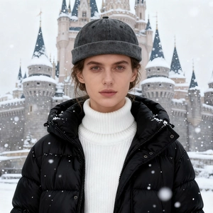 Dark grey washed cotton miki hat shown in a snowy street fashion winter setting