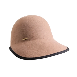 Beige wool felt equestrian cloche hat with black trim and gold script logo detail