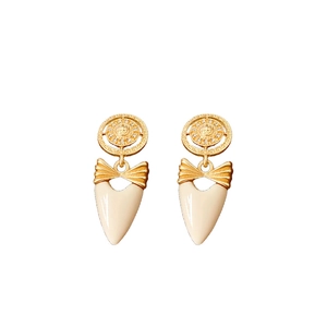 Vintage gold bow and cream heart drop earrings with sparkling rhinestone accents