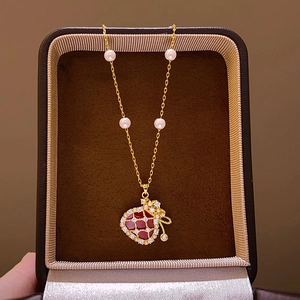 Lucky Bag Pendant Necklace Gold Plated Copper Zircon Red Enamel Imitation Artificial Pearl Clavicle Chain Retro Style Women