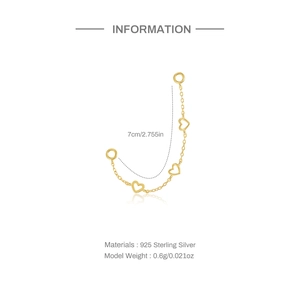 Detail of 925 sterling silver heart chain earring with 7cm length and 0.6g weight