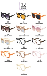 Catalogue détaillé présentant 13 variantes de couleurs de lunettes de soleil carrées à la mode