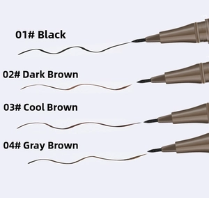 Detailed swatches of 0.05mm waterproof eyeliner in black, dark brown and grey brown shades