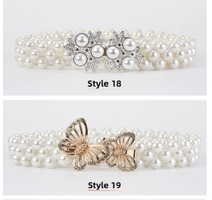Detail of elastic pearl belts with silver leaf and golden butterfly buckles in Style 18 and 19