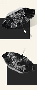 Detail of a black folding umbrella featuring white butterfly prints and a gold handle accent