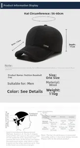Detailed size chart for men's wool blend baseball cap with measurement guide instructions