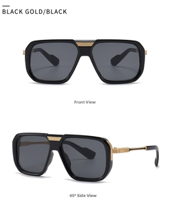 Vorder- und Seitenansicht der schwarzen Pilot-Sonnenbrille mit goldener Metallbrücke