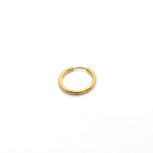 Macro shot of minimalist gold stainless steel hoop earring with high polished finish