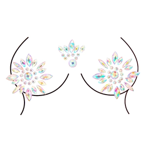 Three-piece iridescent crystal body stickers with floral rhinestones for chest and skin