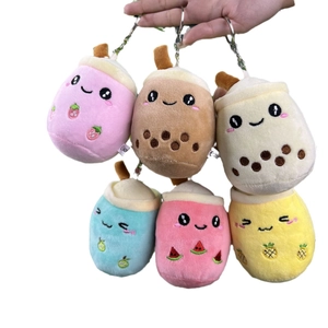 Set of six colorful plush milk tea cup keychains with cute fruit embroidery details