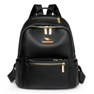 Classic black PU leather backpack with gold zipper and kangaroo logo on white background