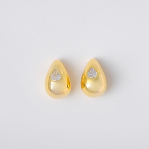 Elegant gold teardrop stud earrings in stainless steel with sparkling clear zircon stone