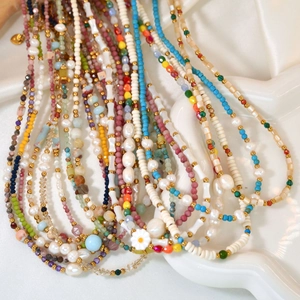 Colorful crystal beaded necklace with natural pearls and stainless steel details