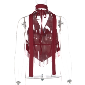 Detail view of red halter top featuring open back design and hanging fringe accents