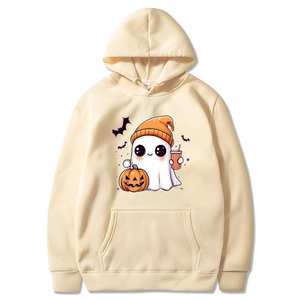 Beige Halloween hoodie with ghost, pumpkin and bat print on white background