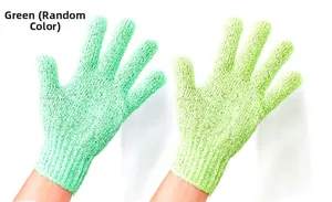 Close-up of elastic exfoliating bath gloves with textured knit mesh in mint and grass green