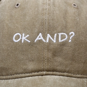 Vintage khaki washed cotton baseball cap featuring white OK AND letter embroidery detail