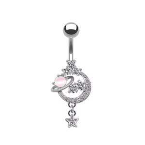 Silver crescent moon and star navel ring with shimmering zircon and planetary pearl drop