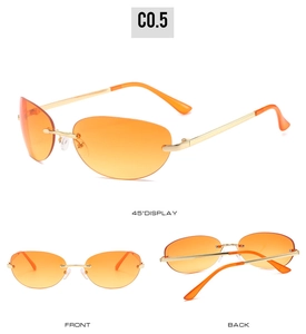 Cat eye rimless sunglasses with orange gradient lenses and gold frames from multiple views