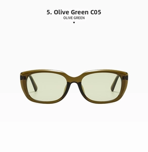 Nahaufnahme der olivgrünen Cat-Eye-Sonnenbrille mit transparentem Rahmen und Farbcode C05