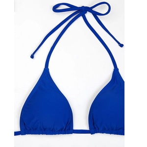 Detail showing the royal blue halter bikini top with ruched triangle cups and ties