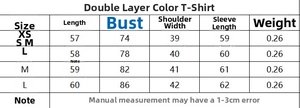 Size chart for contrast color double-layer T-shirt with chest and length measurements