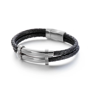 Bracelet double couche en cuir tressé noir pour homme avec fermoir magnétique en acier poli