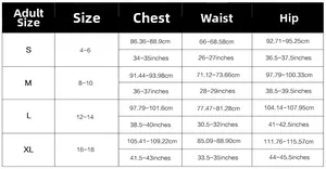 Detailed size chart for women's one-piece swimsuit in inches and centimeters