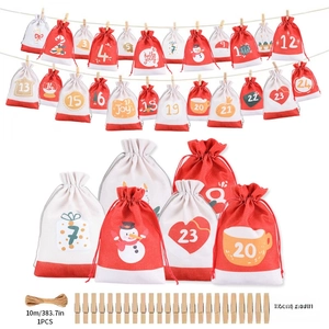 Detailed Christmas advent calendar set with 24 linen bags, wooden clips and hemp rope