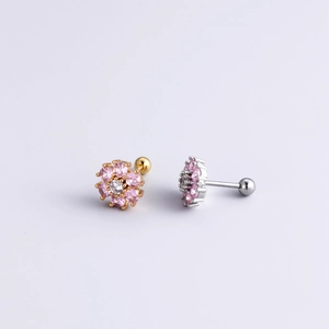 Surgical steel stud earrings with pink zircon flowers and secure screw ball backs
