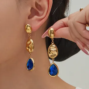 Drop Dangle Earrings 18K Gold Plated Stainless Steel Hammered Faceted Water Drop Czech Glass Stone Retro Vintage Elegant