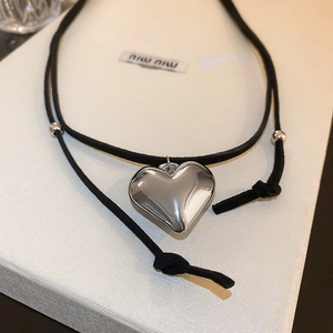 Heart Pendant Necklace Silver Mirror Polish Alloy Adjustable Black Leather Cord Choker Hip Hop Y2K Jewelry For Women