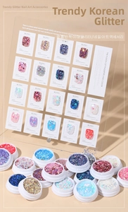Detail view of 18-color holographic nail glitter set with various hexagonal sequins in jars